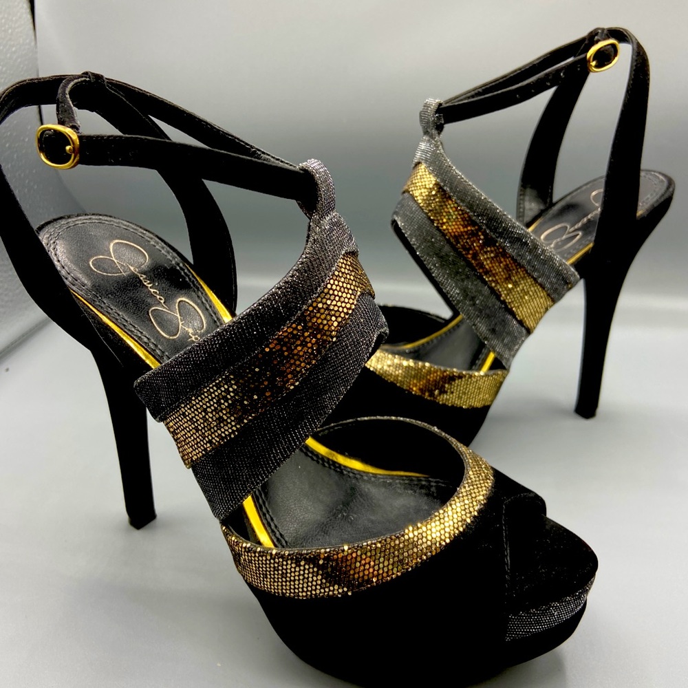 Jessica Simpson Shimmer Gold, Black, Silver Heel